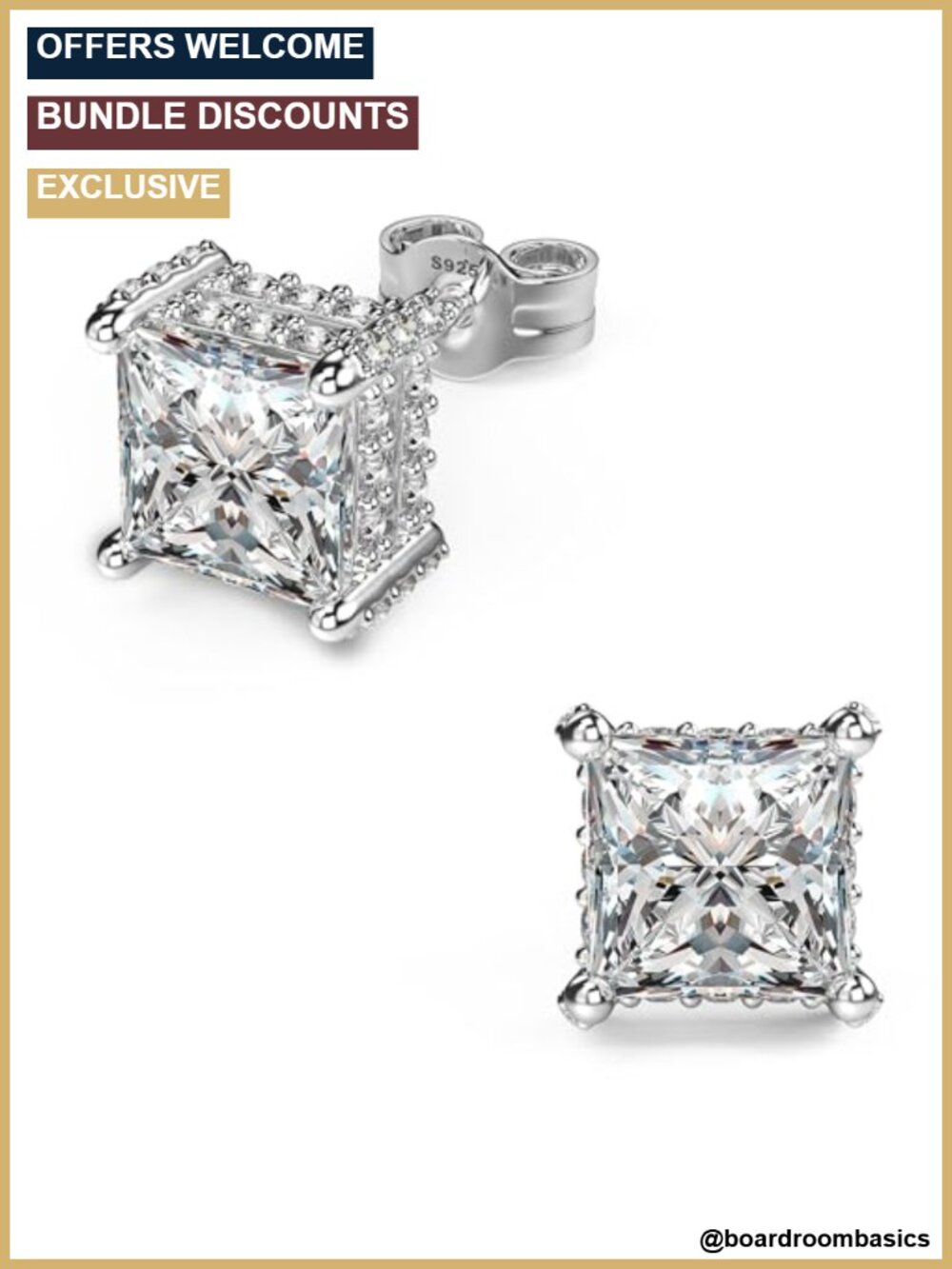 18K White Gold Plated Sterling Silver Pave Square CZ Stud Earrings 4 Prong
